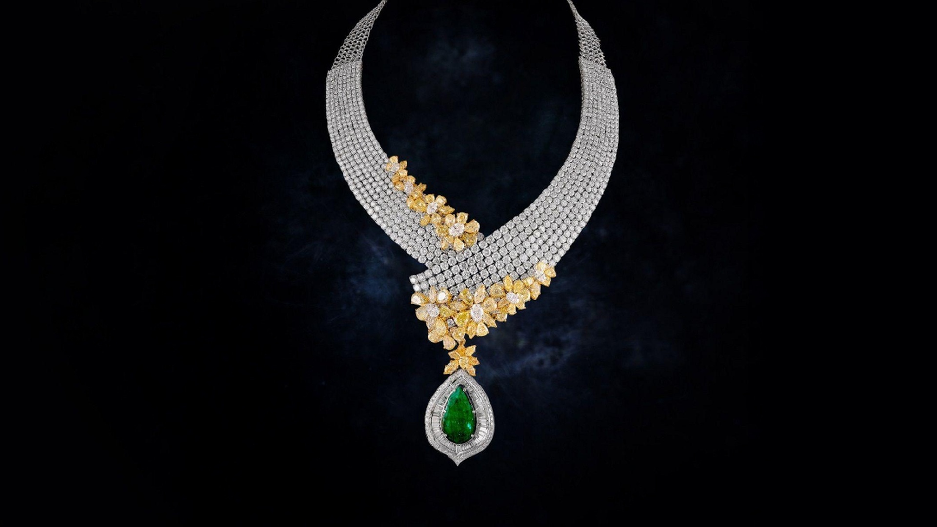 Yellow Gold Floral & Emerald Drop High Jewelry Necklace